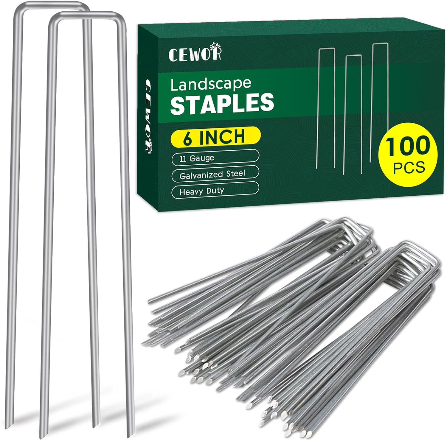 CEWOR 100 Pack Landscape Staples 6 Inch 11 Gauge, Galvanized Garden Staples Metal U-Shaped Pins Heavy Duty Landscaping Fabric Staples Lawn Yard Stakes for Holding Fence, Barrier Ground Cover