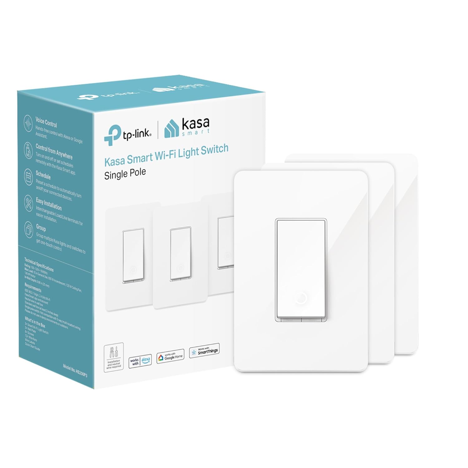 Kasa Smart Light Switch HS200P3, Single Pole, Needs Neutral Wire, 2.4GHz Wi-Fi Light Switch Works with Alexa and Google Home, UL Certified, No Hub Required, 3 Count -Pack of 1 , White