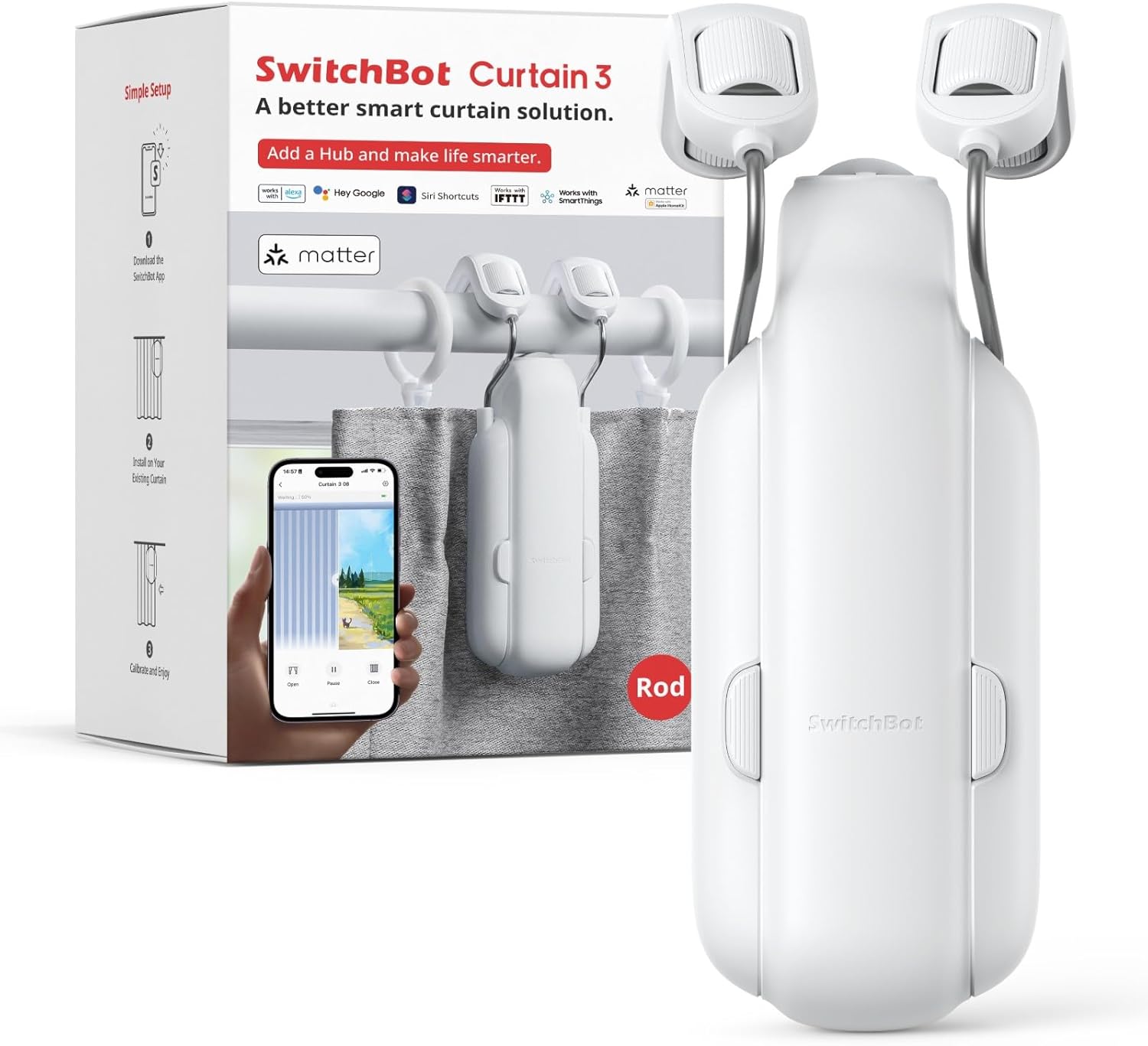 SwitchBot Automatic Curtain Opener - Bluetooth Remote Control Smart Curtain with App/Timer, Upgraded High-Performance Motor, Add SwitchBot Hub to Work with Alexa, Google Home, HomeKit (Curtain 3, Rod)