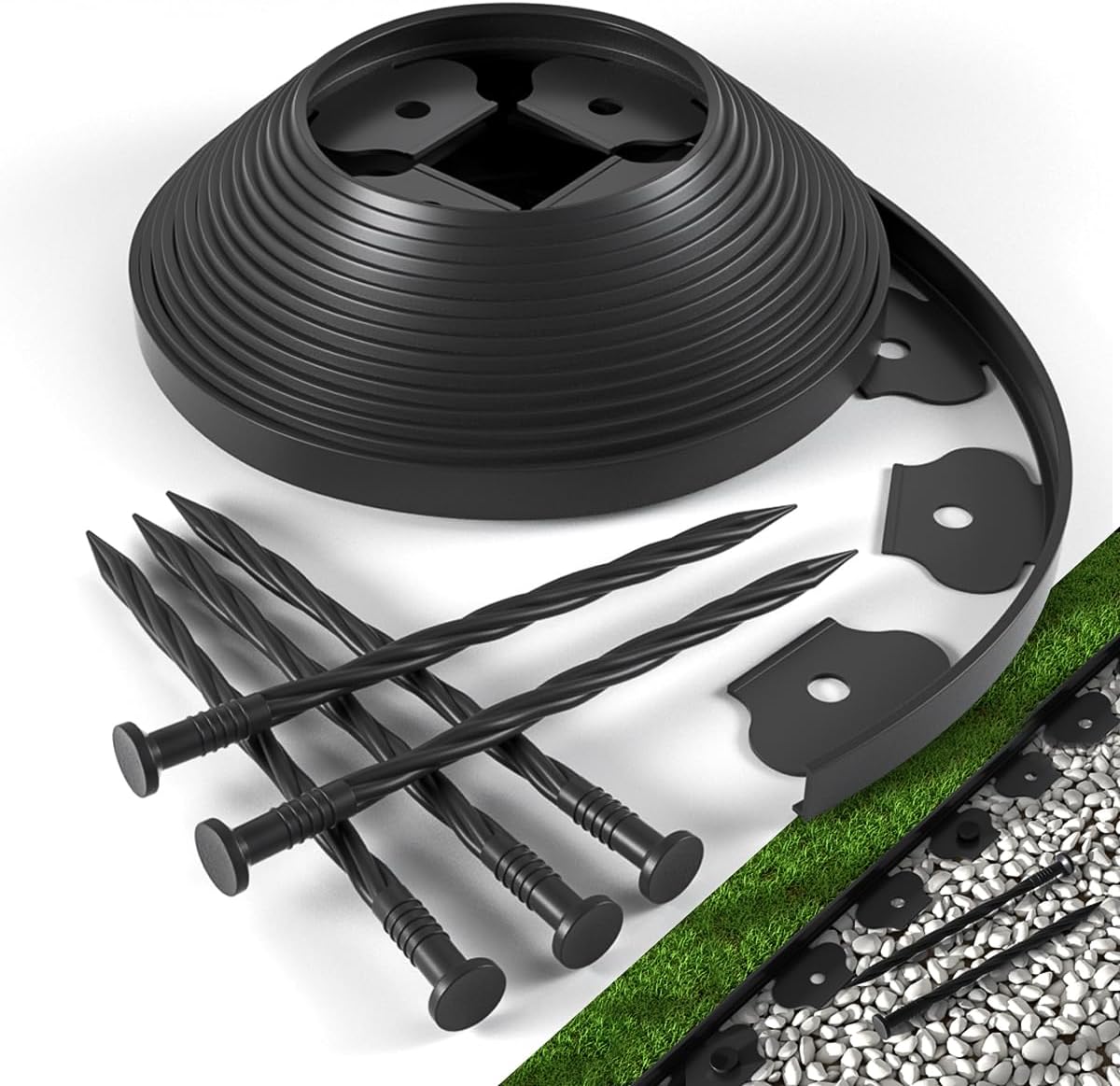 The Tall Wall No-Dig Landscape Edging Kit includes 40 ft of Lawn Edging and 40 Spikes. This Garden Plastic Edging Border is Perfect for Landscaping, Flower Gardens, and lawns. (Black-40ft)